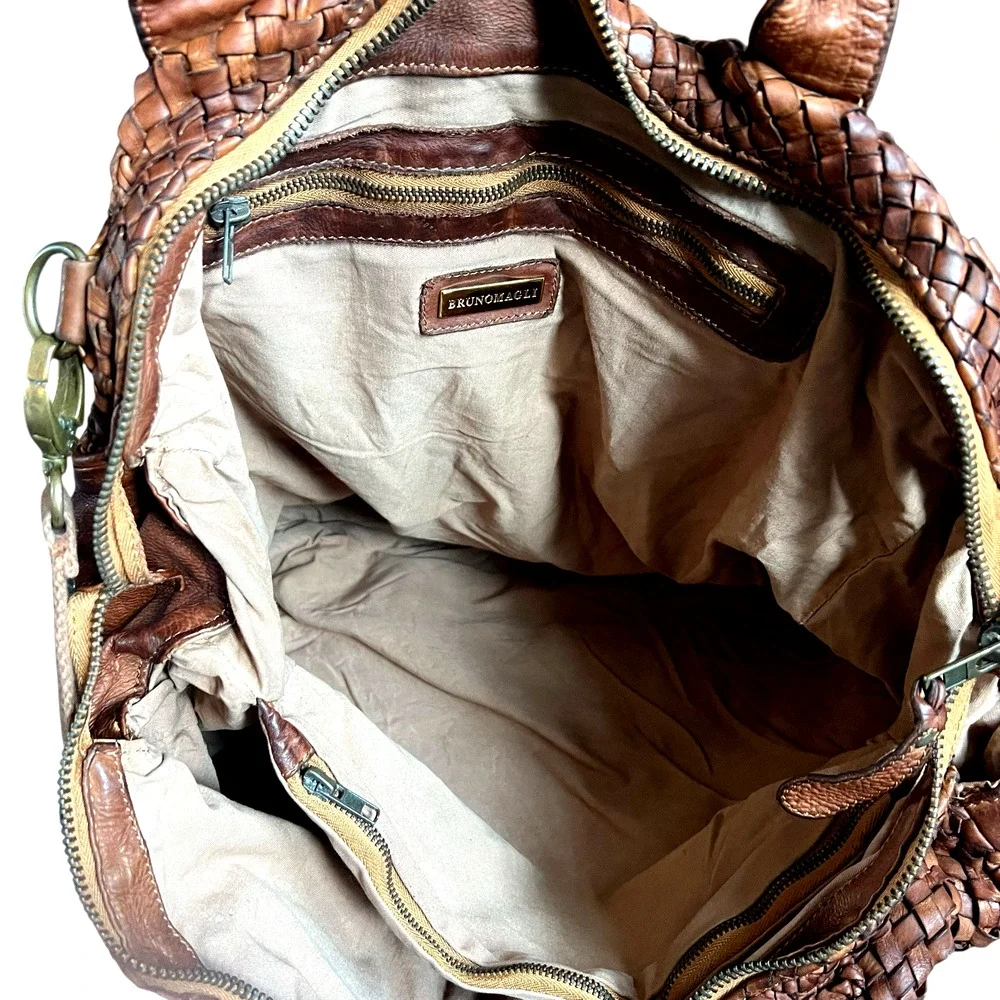 Bruno Magli Brown Woven Leather Duffle Satchel Travel Bag Made Italy Y2K